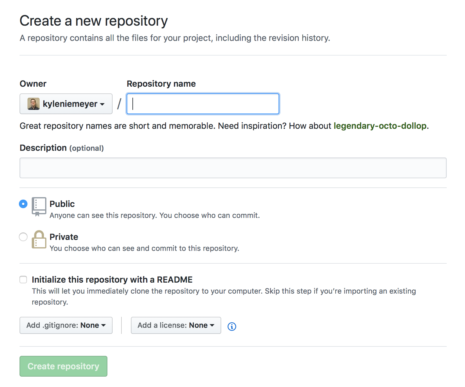 Screenshot of creating a new repo on GitHub