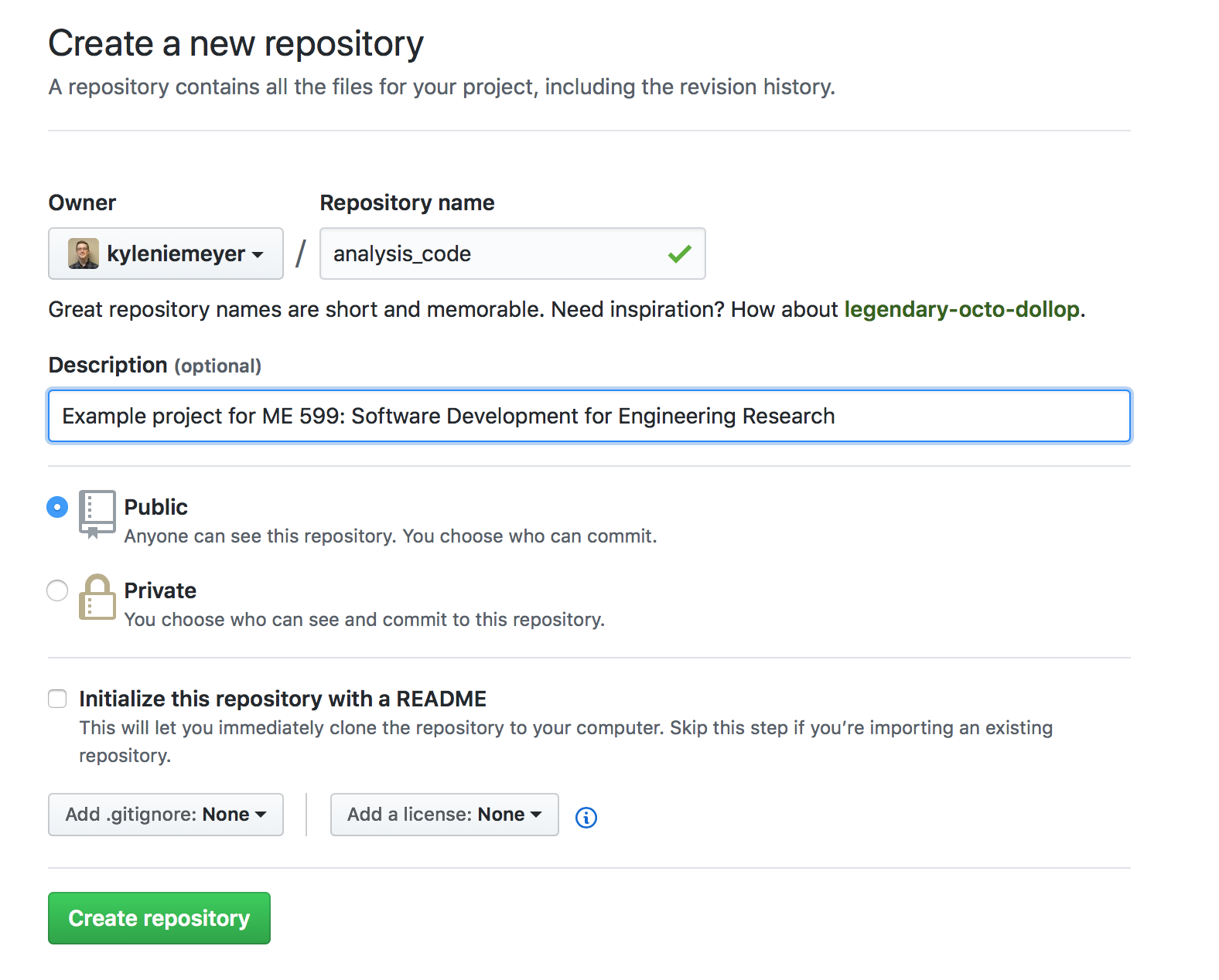 Screenshot of creating a new repo on GitHub with information filled